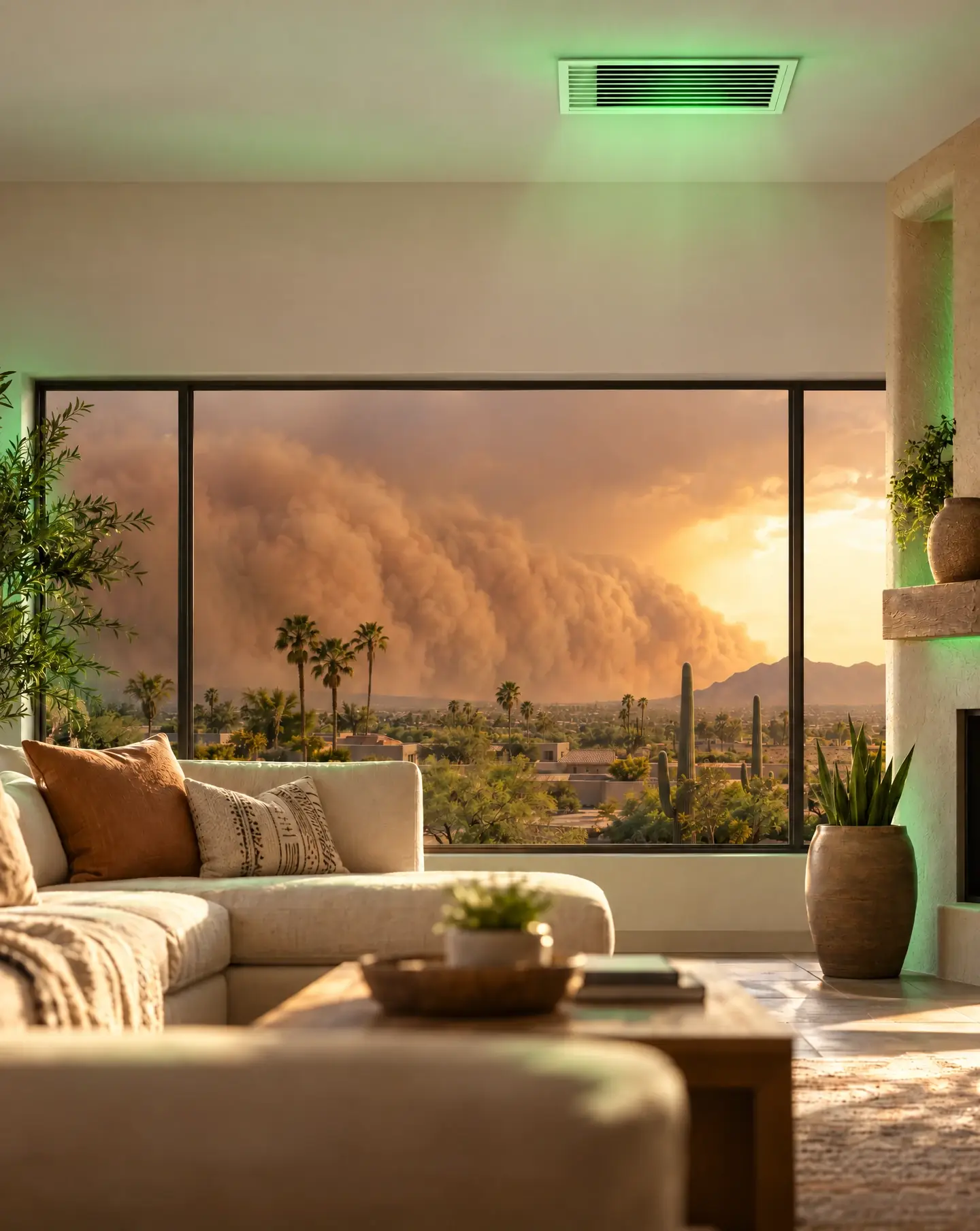 Phoenix dust storm outside a living room with a ceiling air vent