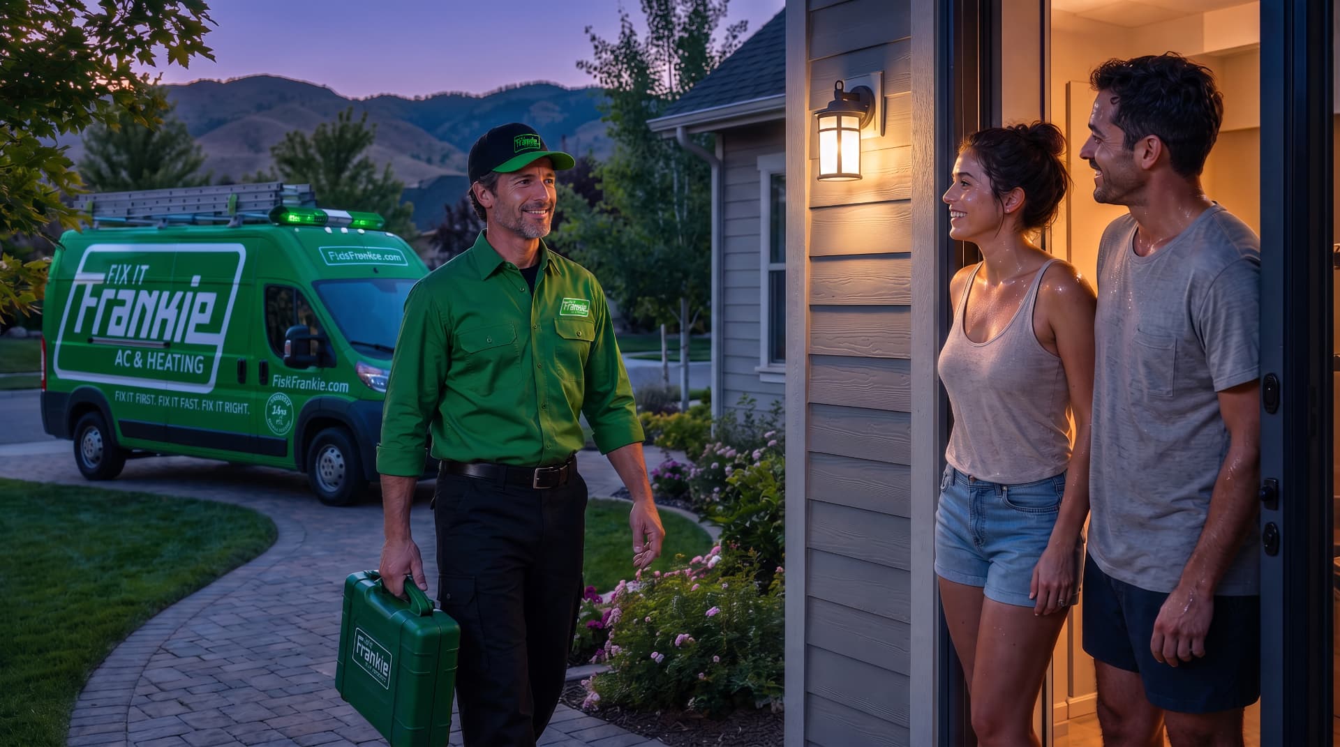 Fix it Frankie mechanic arriving at a happy Boise family's home for a cooling service call on a warm evening