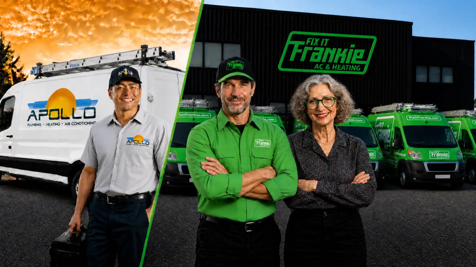 Apollo Heating team joins Fix It Frankie, with Apollo and Frankie service vans side by side