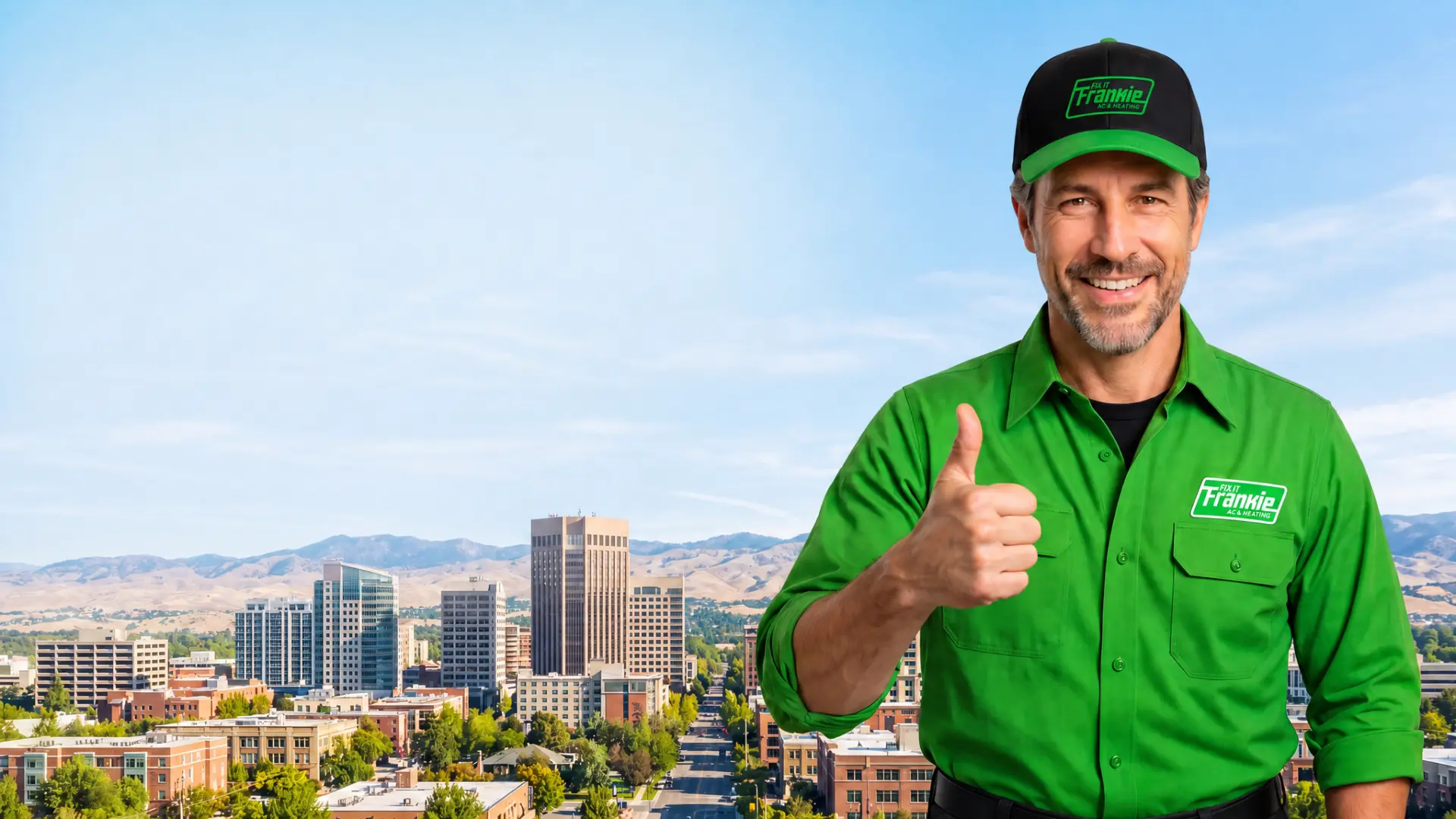 Frankie giving a thumbs up with the Boise skyline in the background