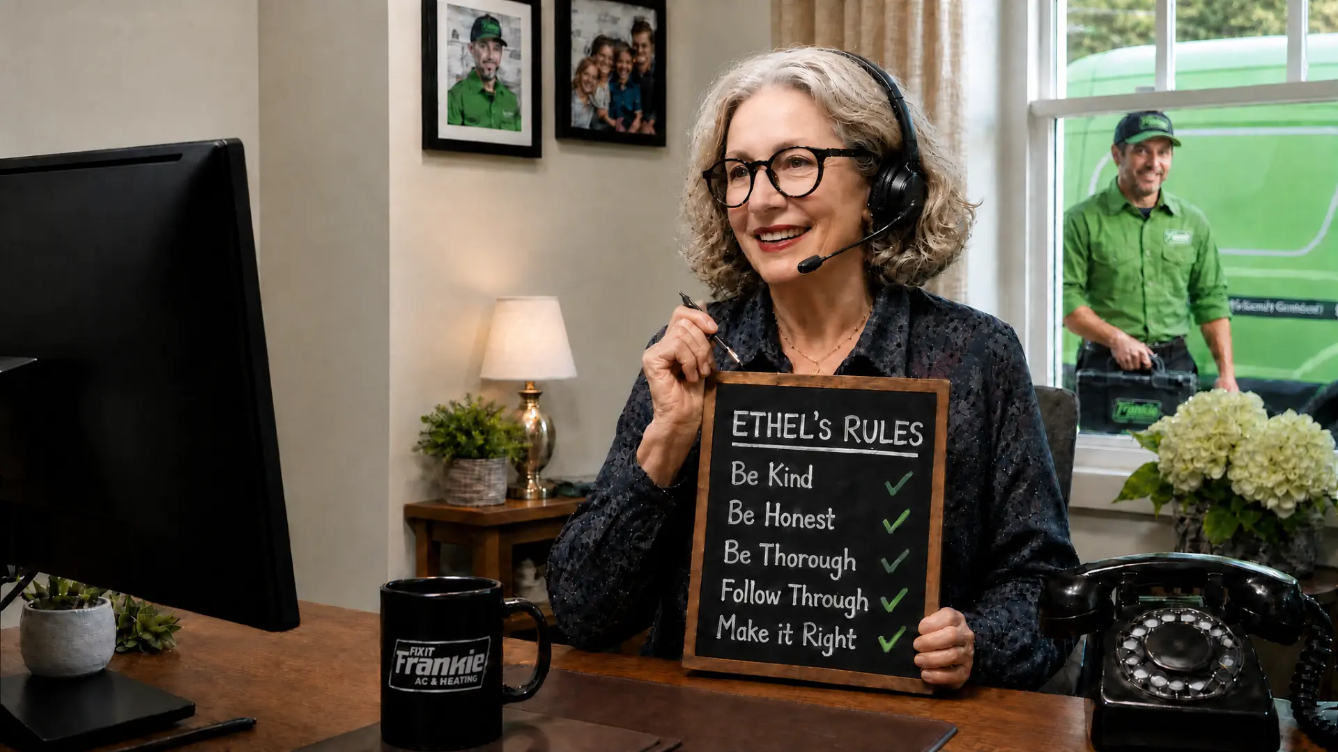 Ethel holding a chalkboard with Ethel's Rules of Etiquette: Be Kind, Be Honest, Be Thorough, Follow Through, Make it Right