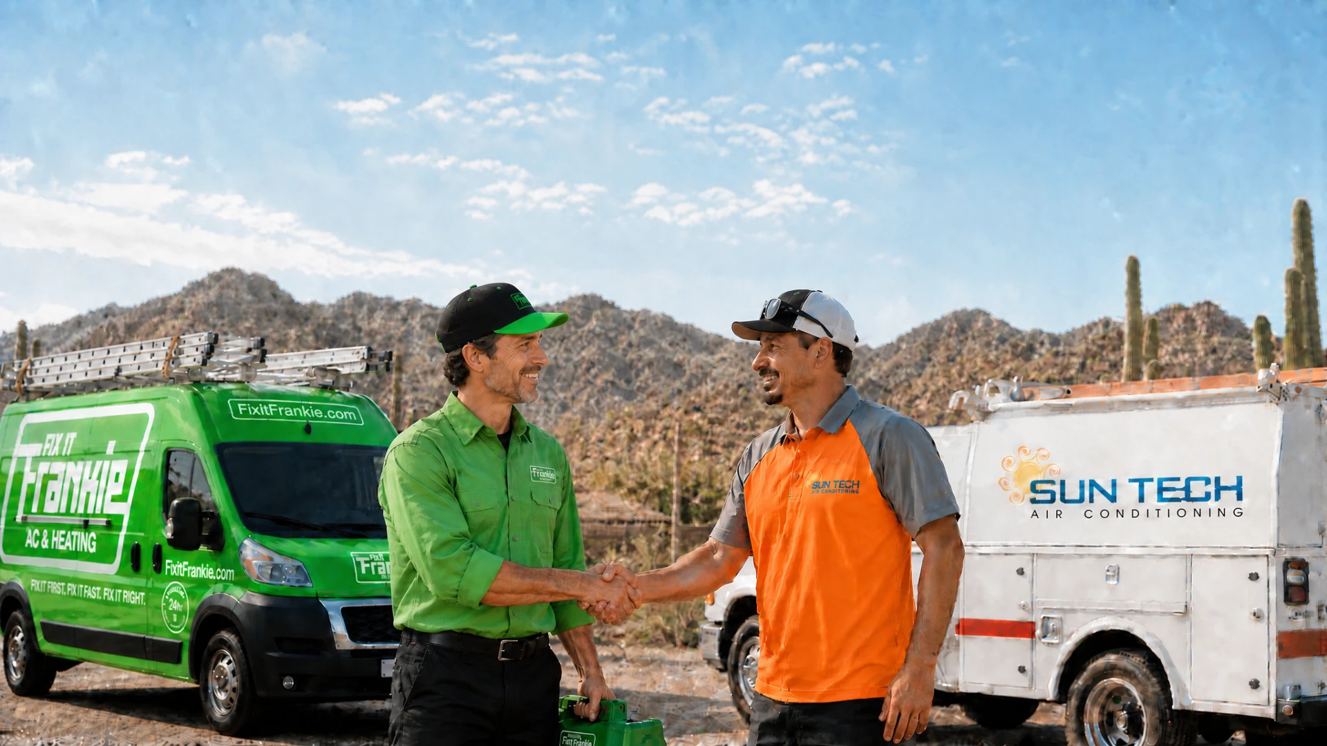 Fix It Frankie and SunTech Air Conditioning teams shake hands in front of their service vans in the Arizona desert.
