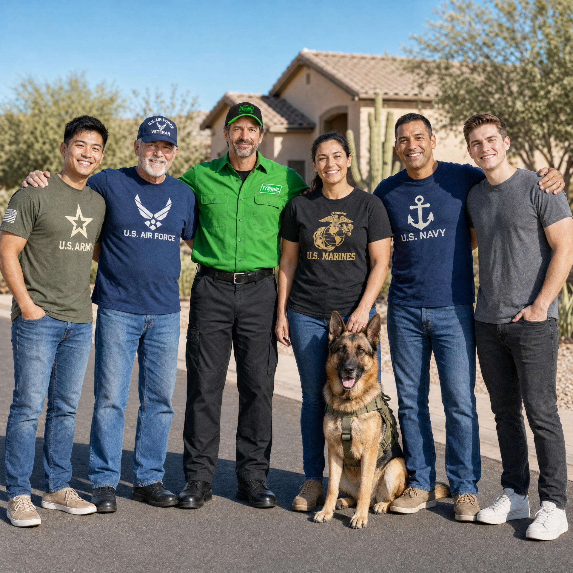 Frankie standing with military veterans and service members and a German shepherd