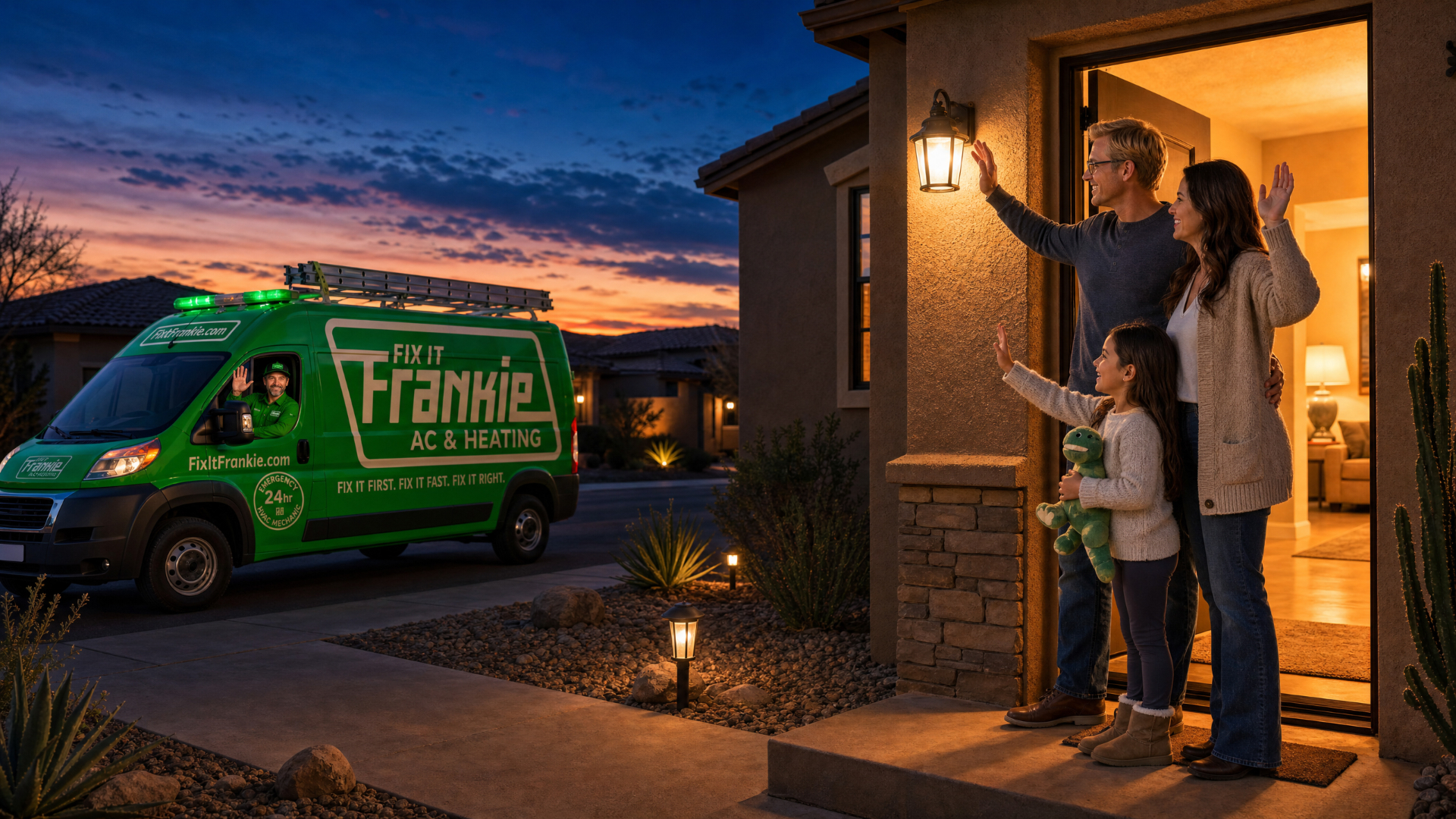 Fix it Frankie van at a happy Phoenix family's home after a heating job
