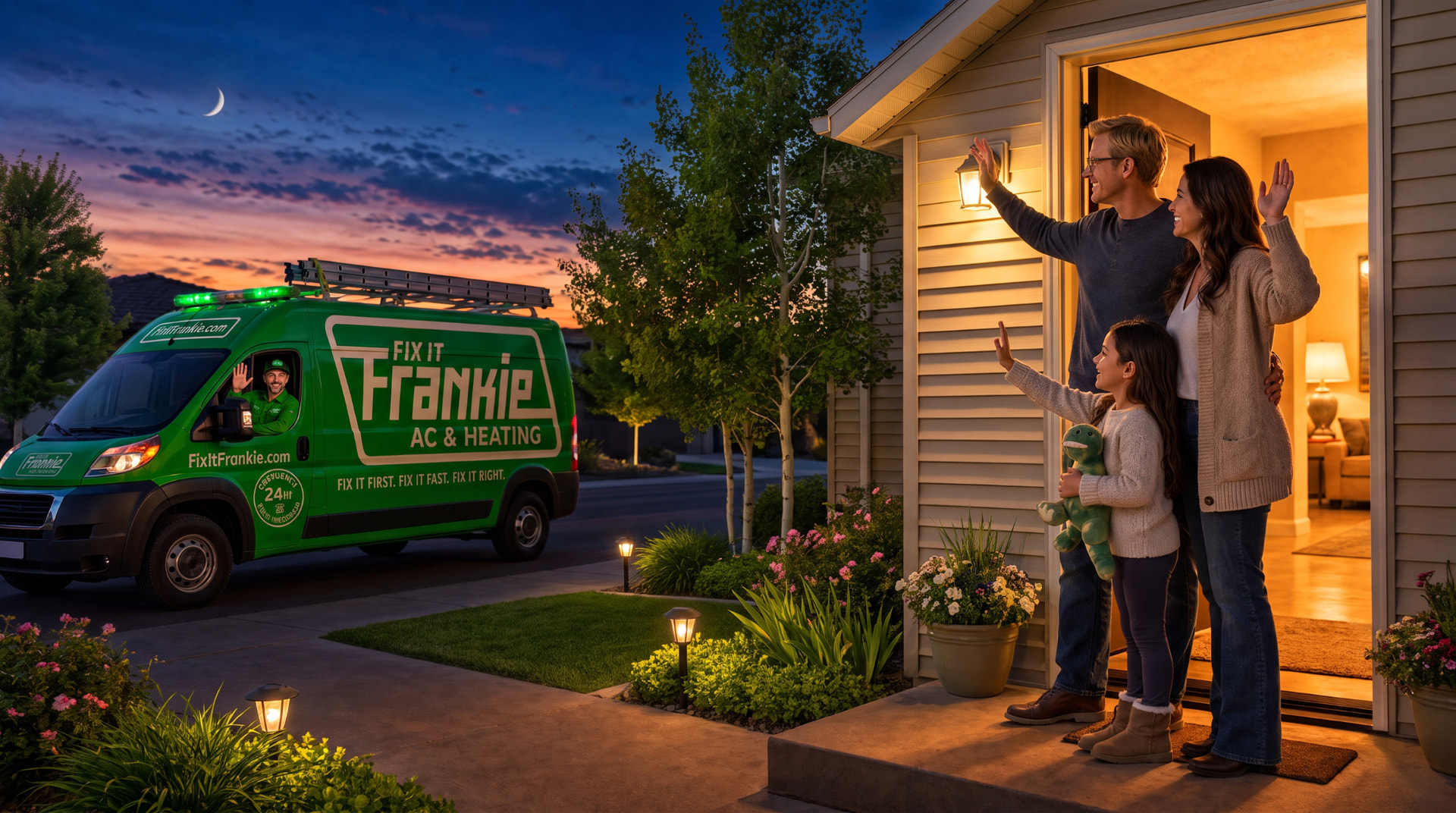 Fix it Frankie van at a happy Boise family's home after a heating job